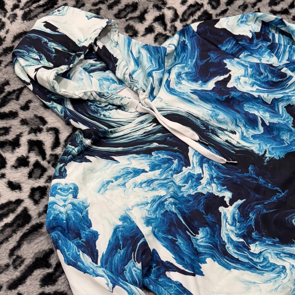 Blue and White Marble Print Hoodie - Picture 2 of 5